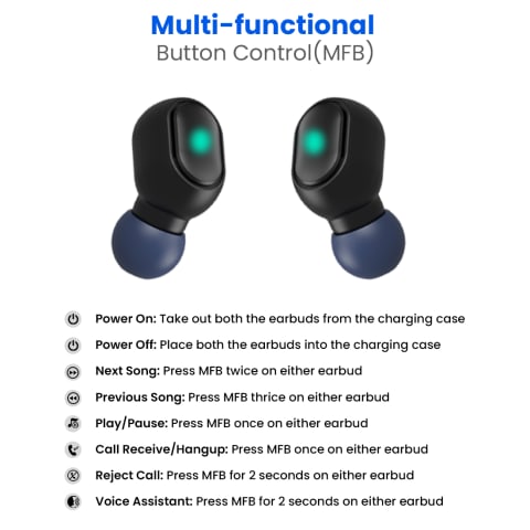 Ptron Basspods 381 Wireless Bluetooth In the Ear With mic - Yes, Black & Blue